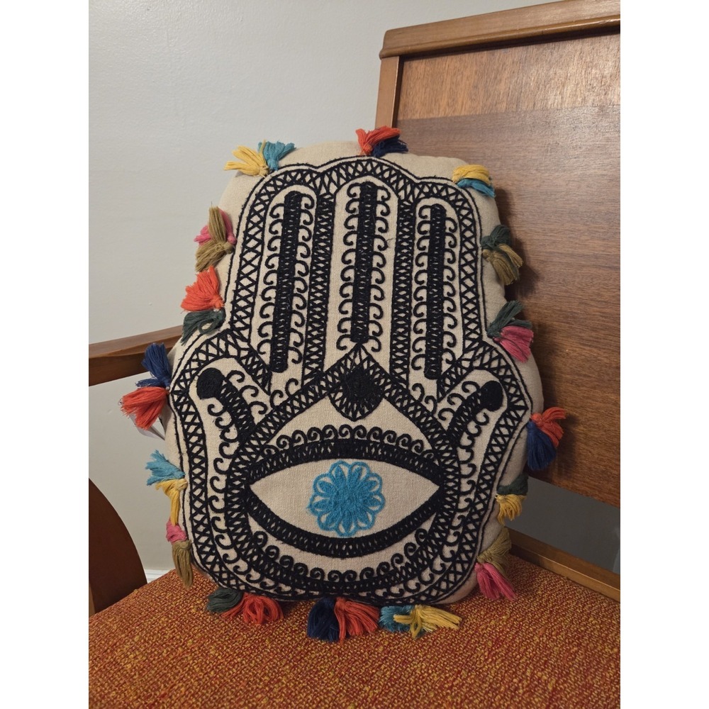 Hamsa Open Palm Decorative Throw Pillow Boho Spiritual Embroidered Tassels